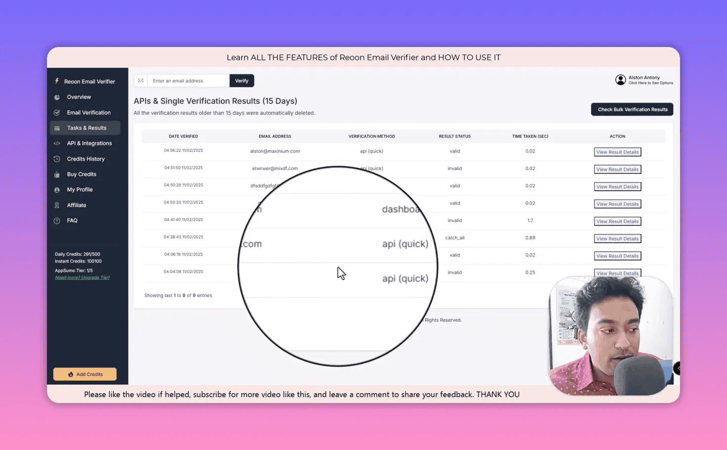 Reoon APIs & Single Verification results table showing verification method 'api (quick)' and result statuses (valid/invalid)