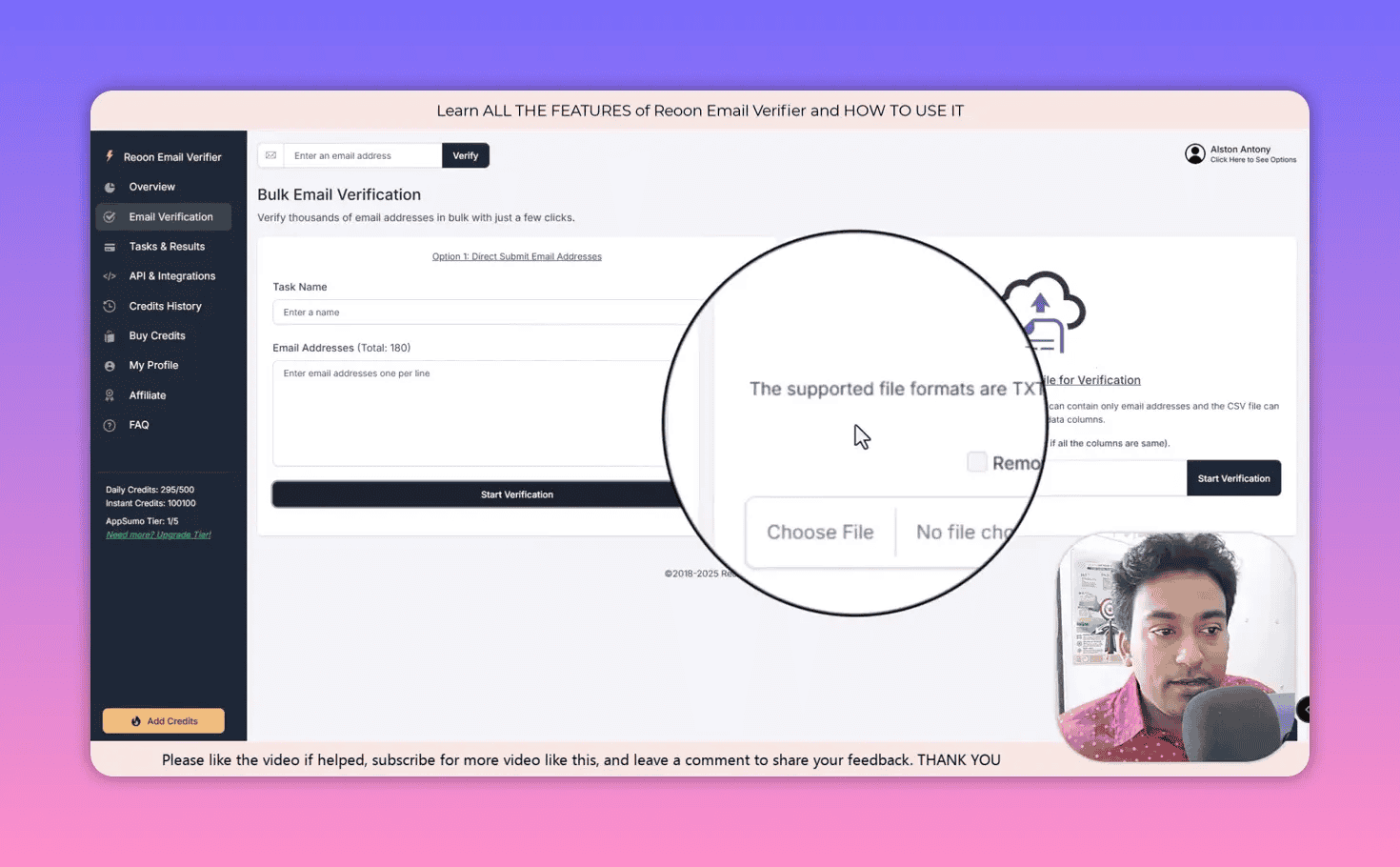 Reoon bulk verification interface with magnified text showing supported file formats (TXT, CSV) and a Choose File button