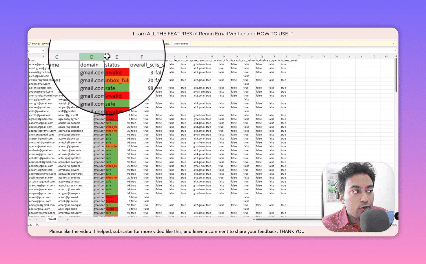 Color-coded status column in exported verification results showing safe, invalid and inbox_full labels