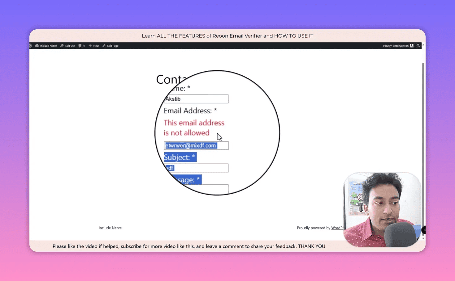 Contact form showing validation error 'This email address is not allowed' with the email input highlighted
