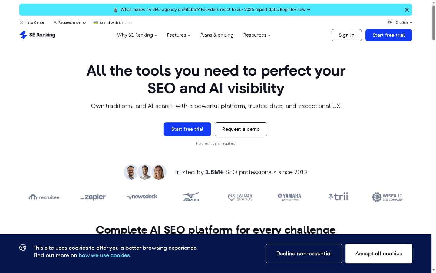 SE Ranking homepage showing AI SEO platform with keyword rank tracking and competitor analysis features