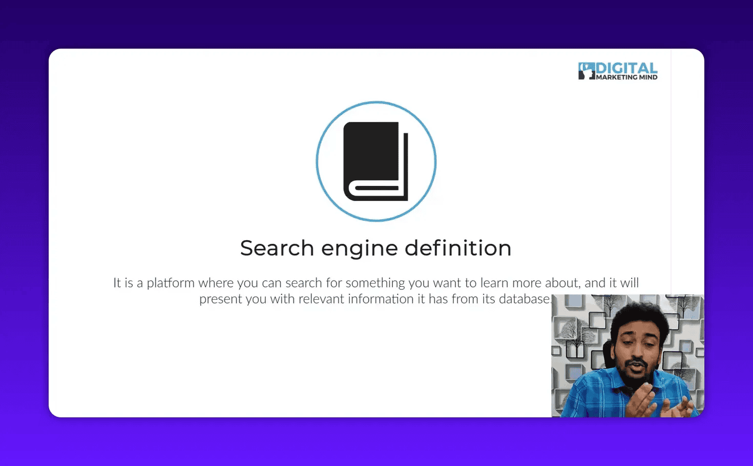 Clear slide reading 'Search engine definition' with book icon and small presenter window