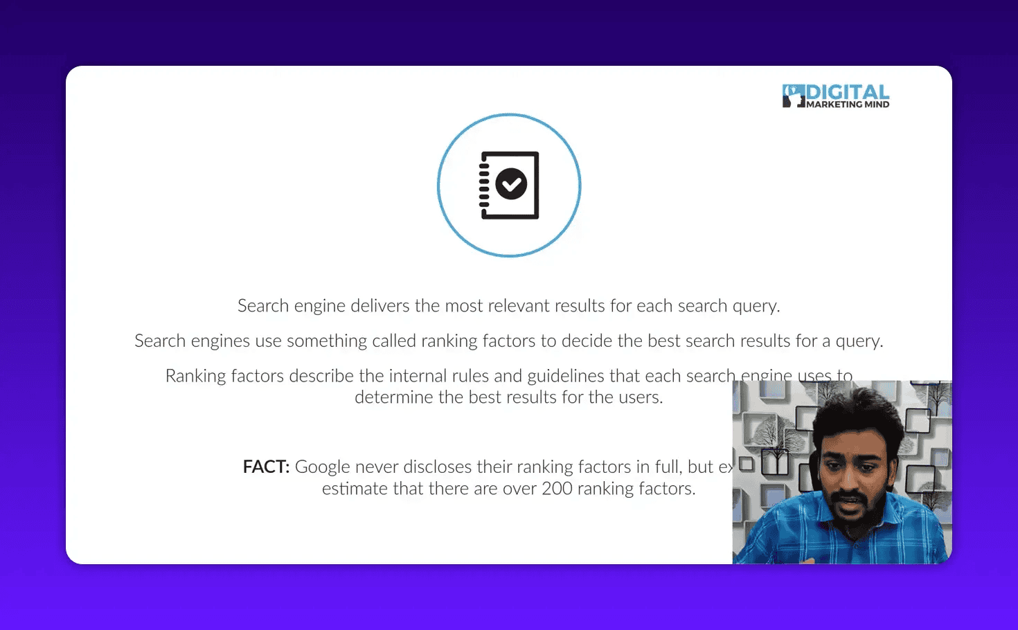 Clear presentation slide: 'Search engine delivers the most relevant results' with explanatory text about ranking factors and a small presenter inset bottom-right