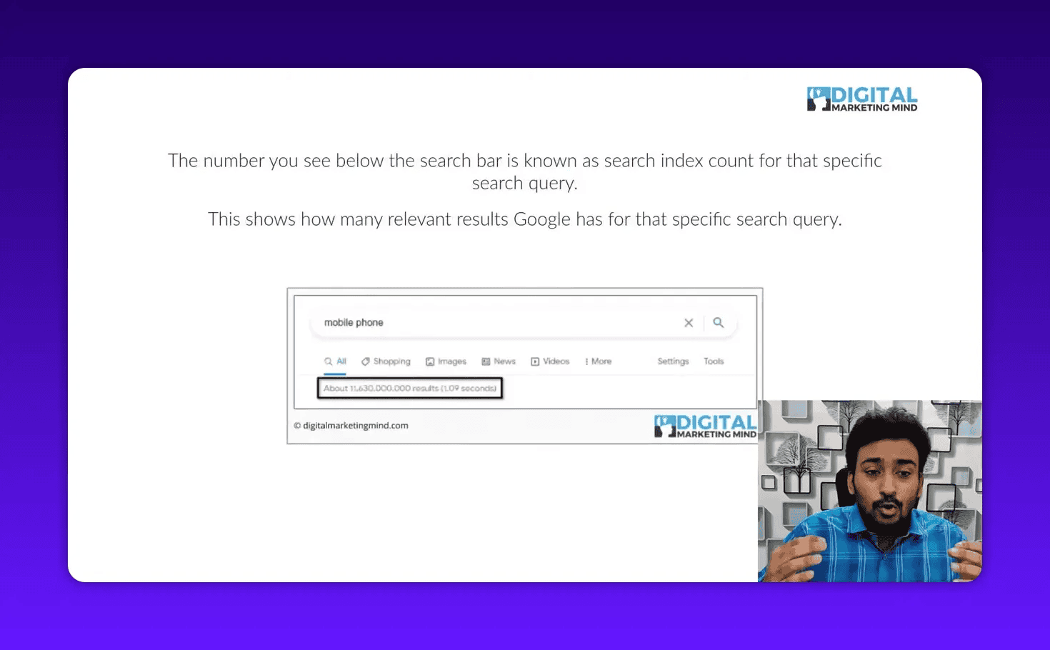 Slide illustrating Google search bar with 'About 11,630,000,000 results (1.09 seconds)' boxed and presenter inset
