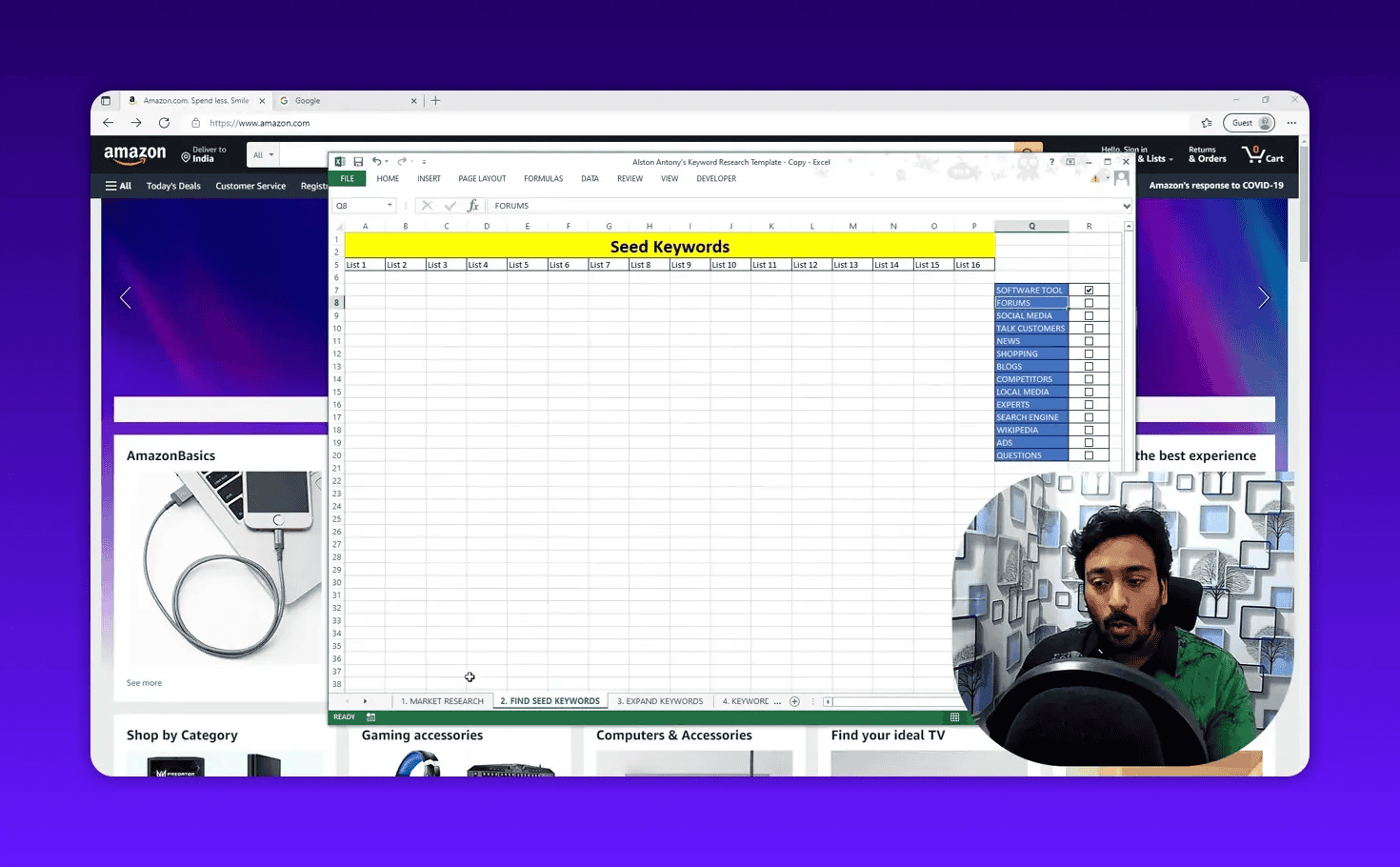 Seed keywords Excel template with forums highlighted in the source checklist and instructor webcam