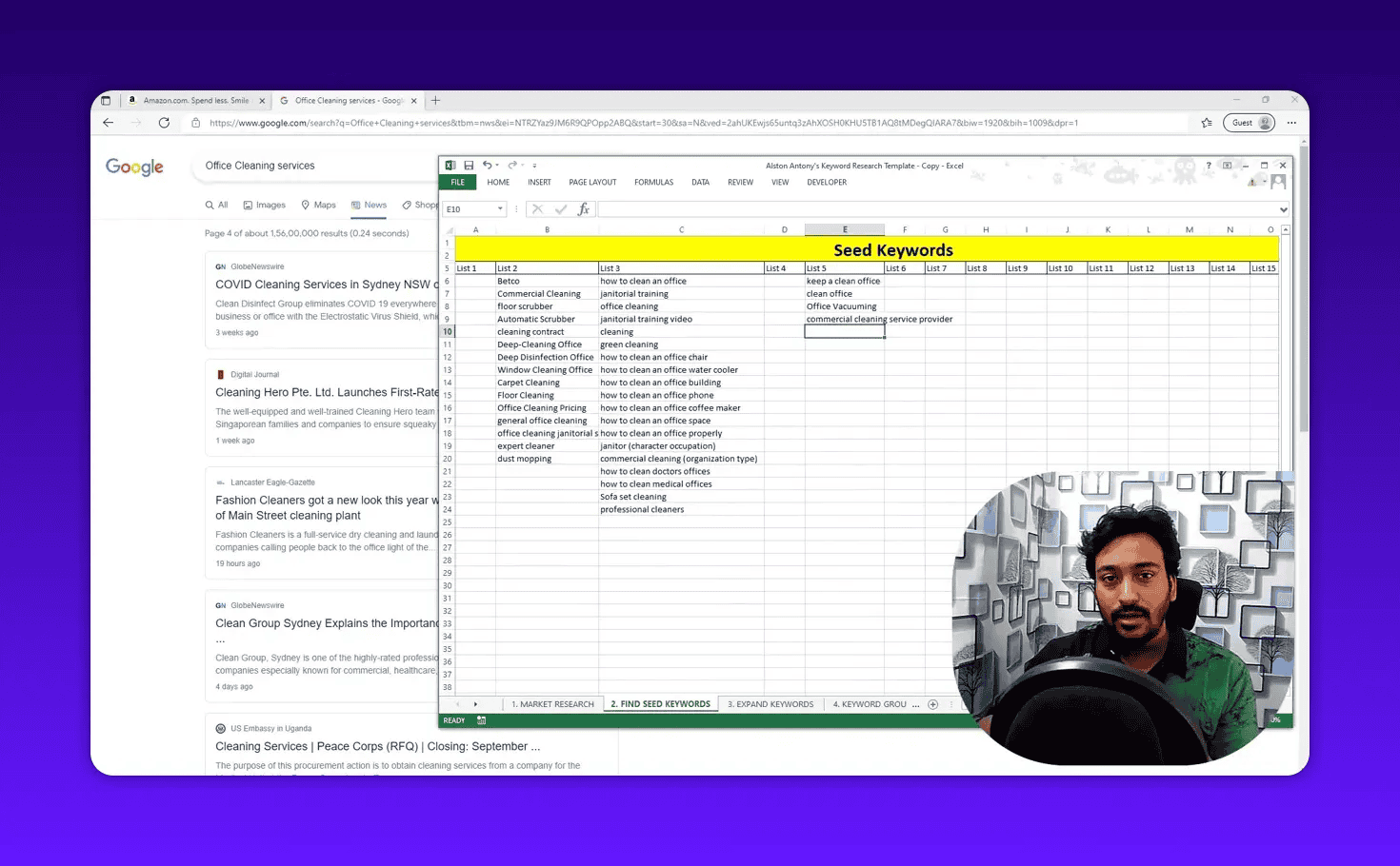 High-clarity screenshot of a seed keywords Excel sheet listing product terms like 'Automatic Scrubber' and 'Betco' with presenter inset.