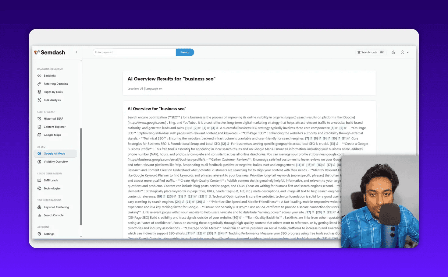 Semdash AI Overview results showing long unformatted text with many citation numbers and references