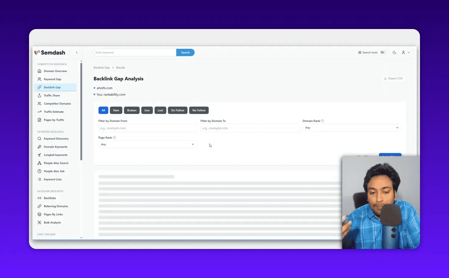 Semdash Backlink Gap Analysis results page showing filter tabs (All, New, Broken, Live, Lost, Do Follow, No Follow)