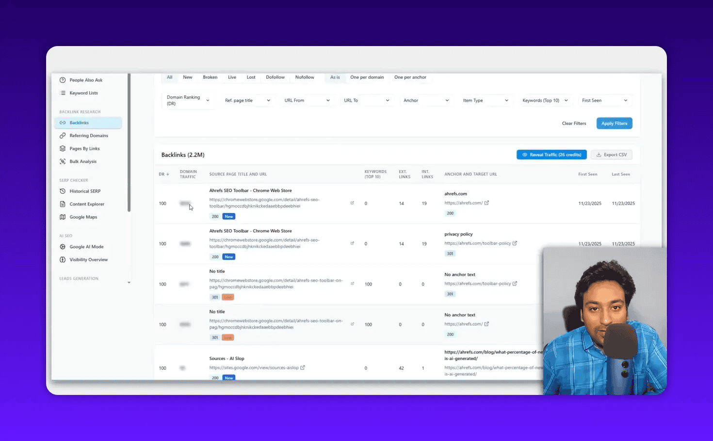 Semdash Backlinks report showing 'Backlinks (2.2M)' and list of referring pages