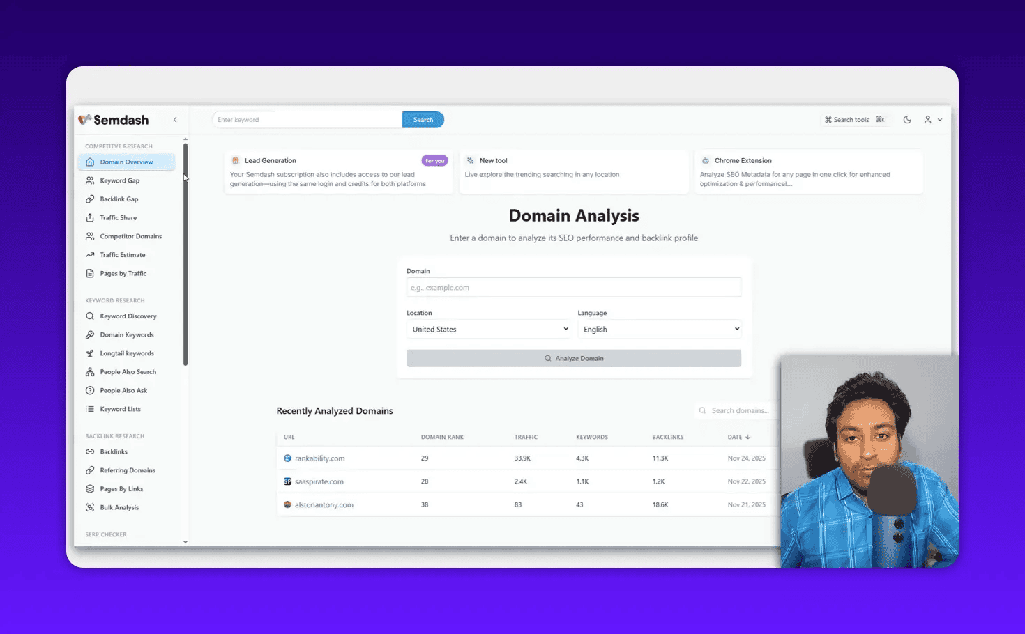 Semdash domain analysis landing page with domain input and recently analyzed domains (clear screenshot)