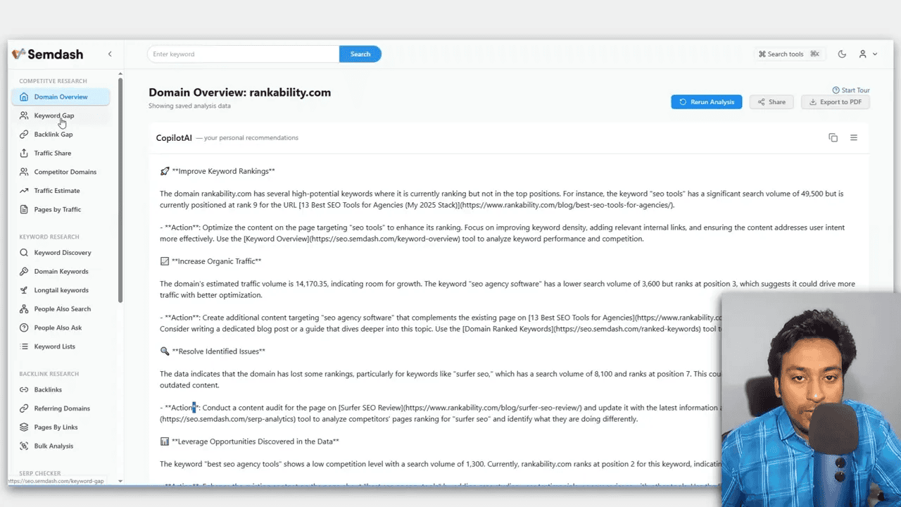 Semdash domain overview showing CopilotAI strategy recommendations and domain metrics