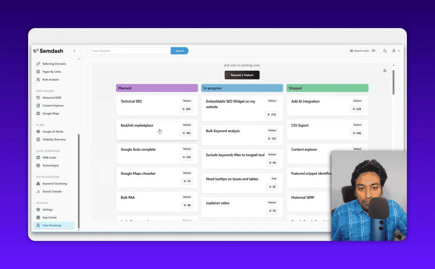 Semdash product roadmap showing left navigation menu (Historical SERP, Content Explorer, Google Maps, AI modules) and roadmap columns