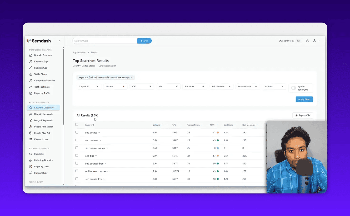Semdash Top Searches Results showing All Results (2.5K) and keyword metrics