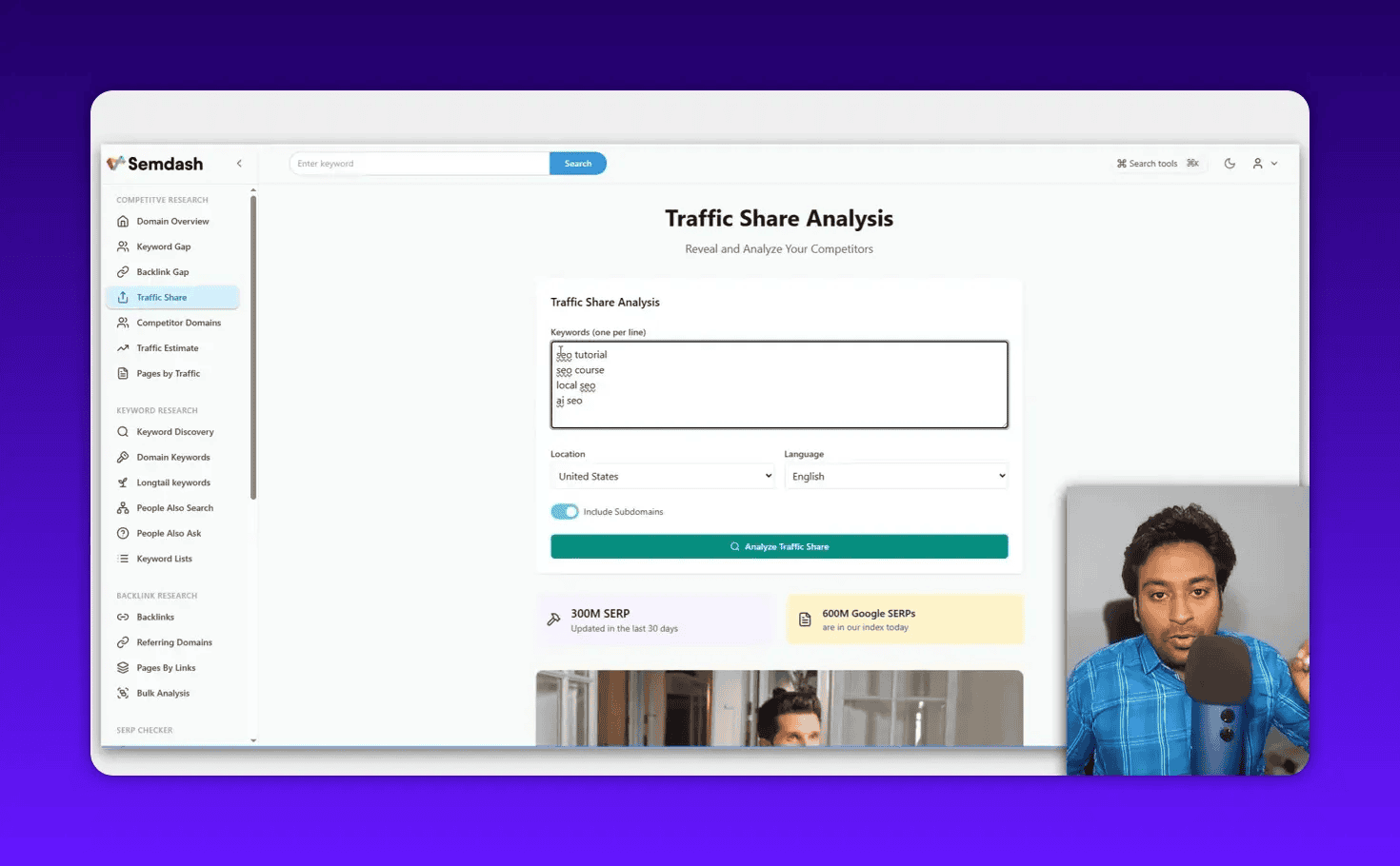 Semdash Traffic Share Analysis with example keywords entered and Analyze button visible