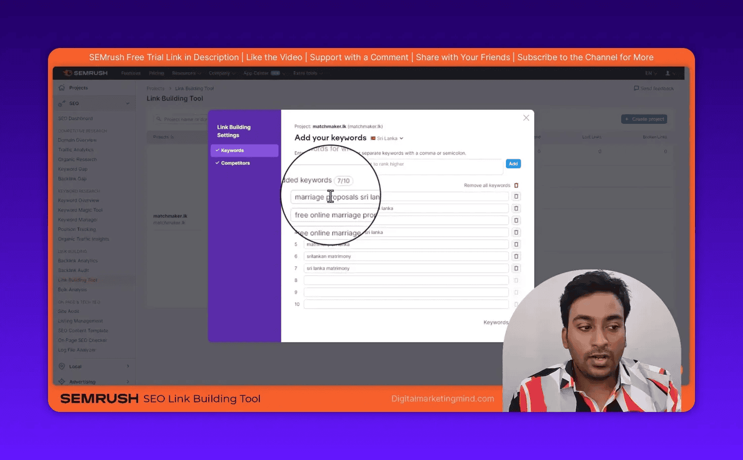 Close-up of SEMrush Add your keywords modal showing multiple entered keywords in the Link Building Settings