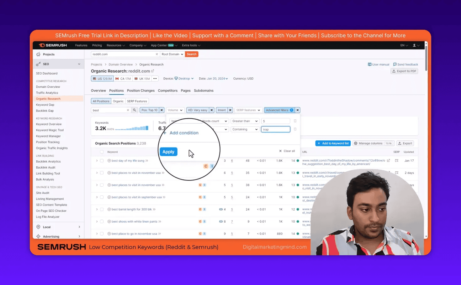 SEMrush advanced filter dialog with 'Containing' set to 'trap' and Apply button magnified