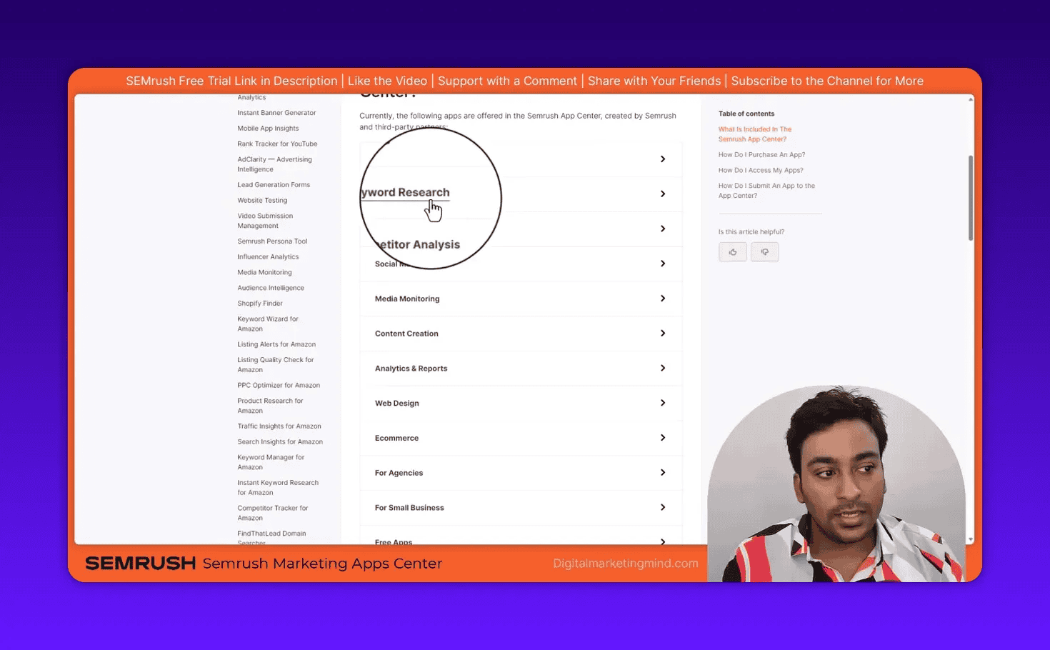 Semrush App Center categories menu with Keyword Research item highlighted by a magnifier/cursor
