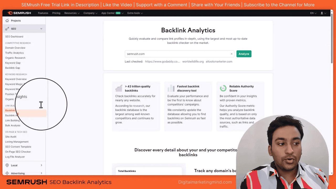 Semrush Backlink Analytics landing page with domain search and overview