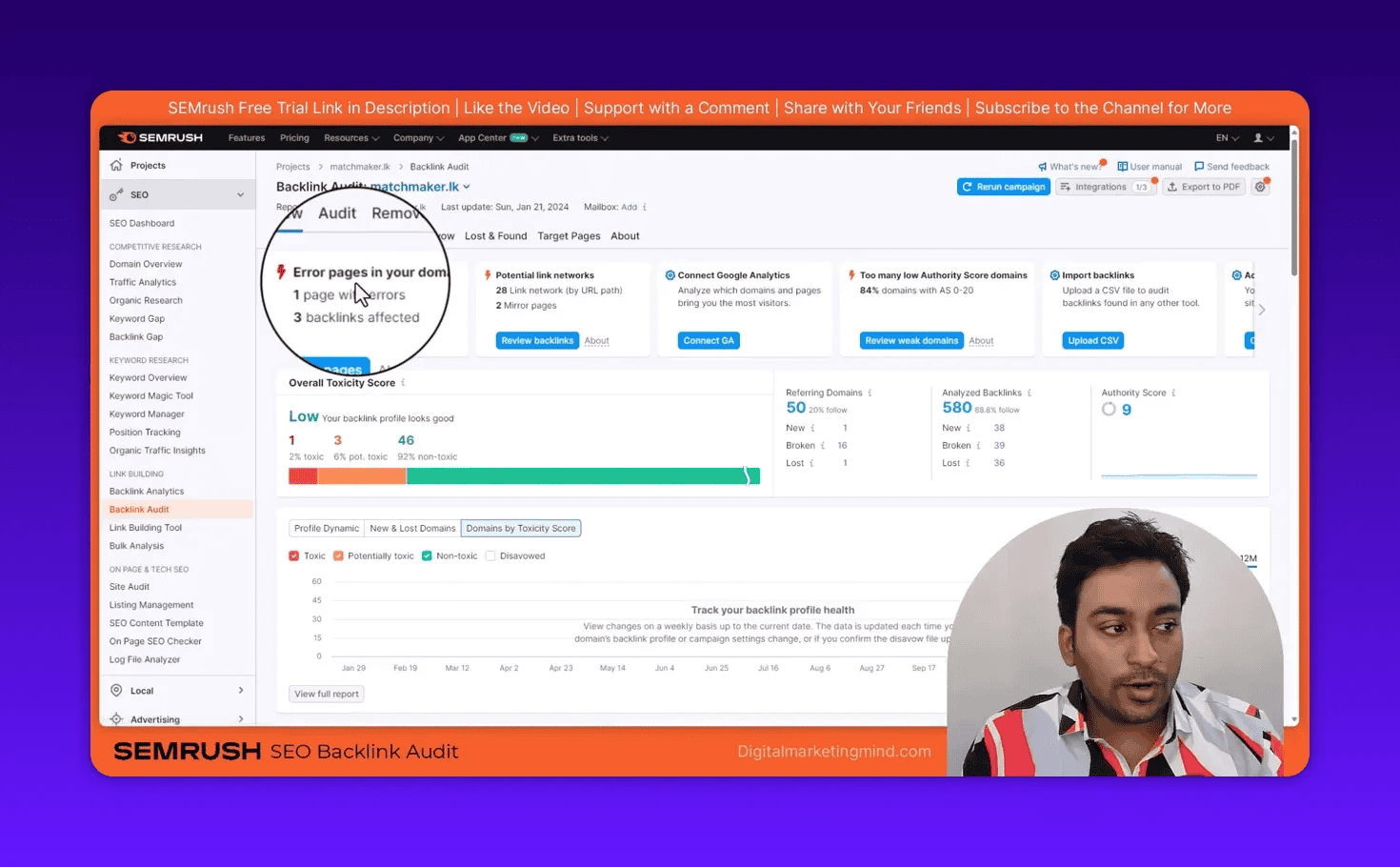 Semrush Backlink Audit overview showing Overall Toxicity Score