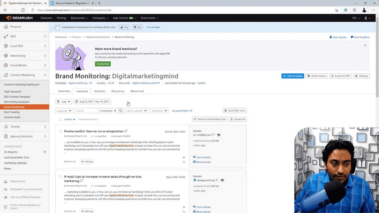 Semrush Brand Monitoring dashboard showing the Mentions list, filters and a presenter video overlay in the corner