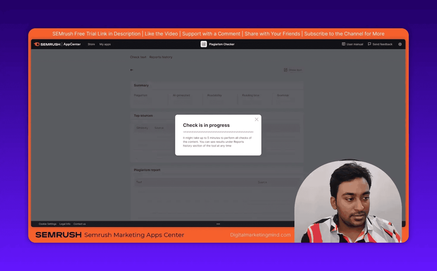 Semrush plagiarism checker 'Check is in progress' dialog centered on the screen