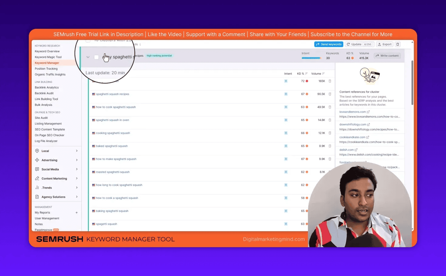 SEMrush Keyword Manager cluster detail with full keyword list, KD% and Volume columns plus content references panel