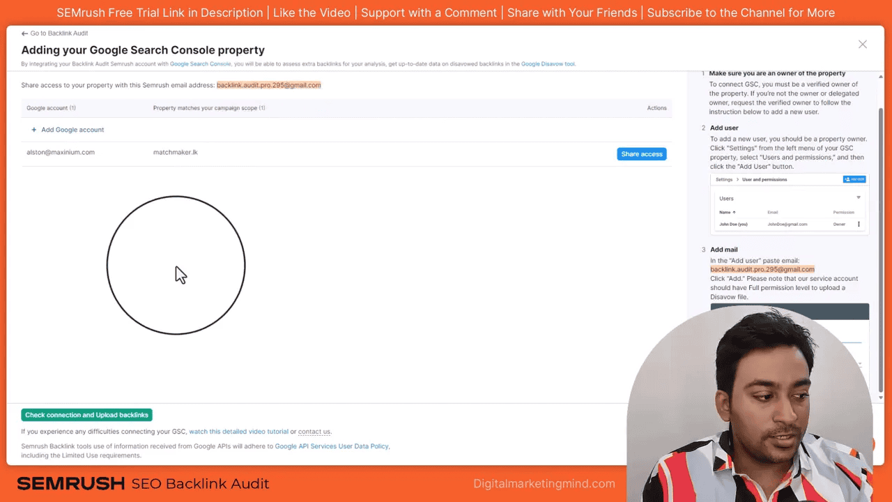 SEMrush 'Adding your Google Search Console property' screen with 'Check connection and Upload backlinks' button and presenter overlay