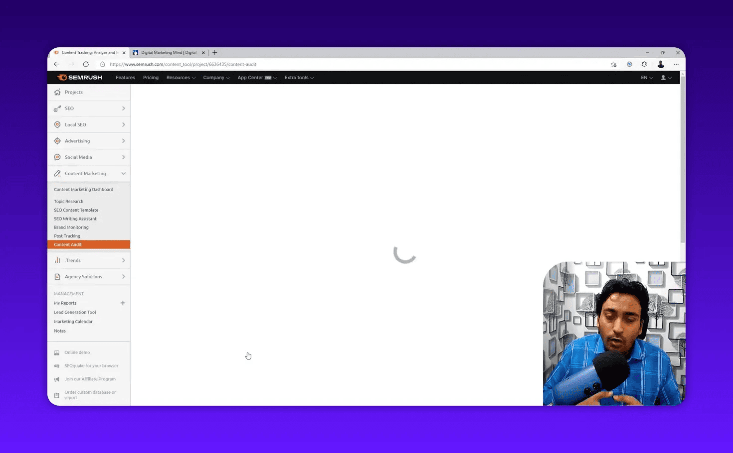 Semrush Content Audit page showing the left menu with 'Content Audit' selected, a central loading spinner and a small presenter overlay in the bottom-right