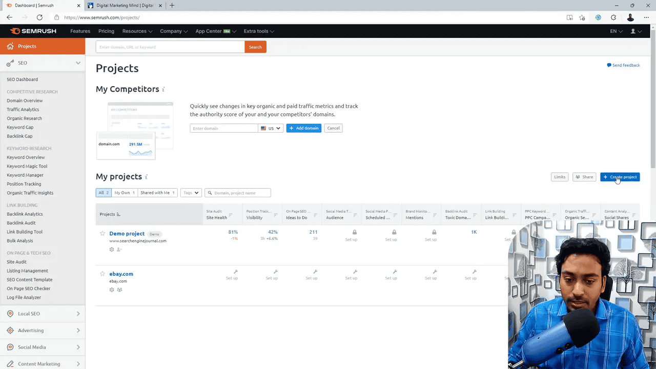 Semrush Projects dashboard showing project list and Create project button