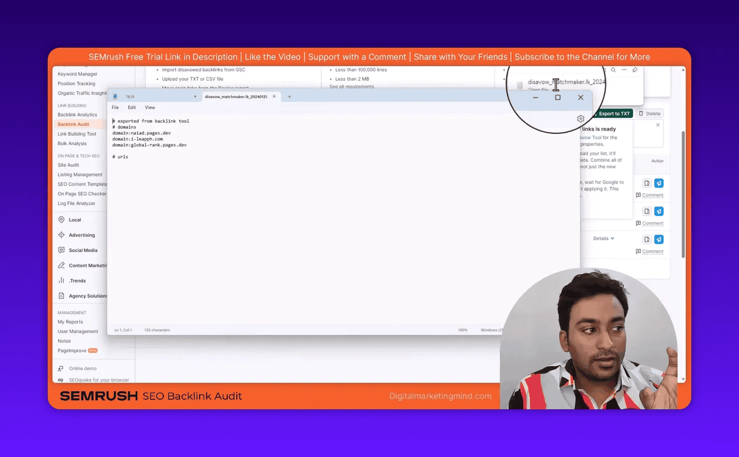 Exported disavow TXT file opened in Notepad showing domain lines exported from SEMrush Backlink Audit