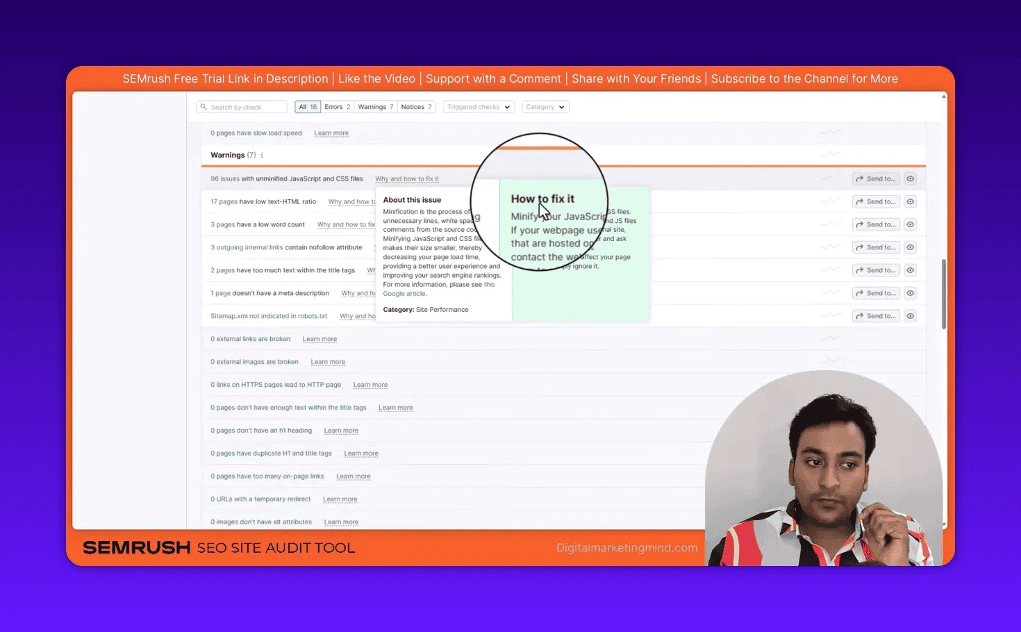 SEMrush Site Audit 'How to fix it' panel magnified, clearly showing the recommendation to minify JavaScript and CSS files