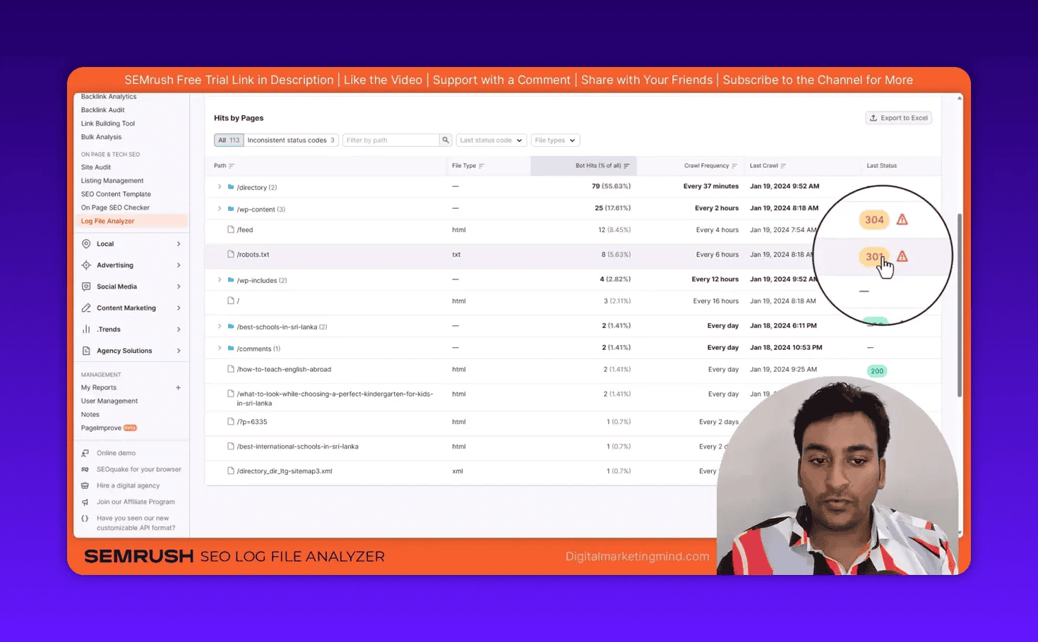 SEMrush Log File Analyzer 'Hits by Pages' table with 304 and 301 status badges highlighted and warning icons visible.