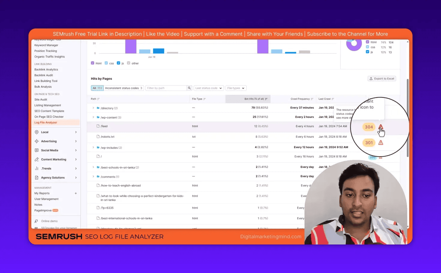 SEMrush Log File Analyzer showing highlighted 304 and 301 status badges with warning icon and tooltip