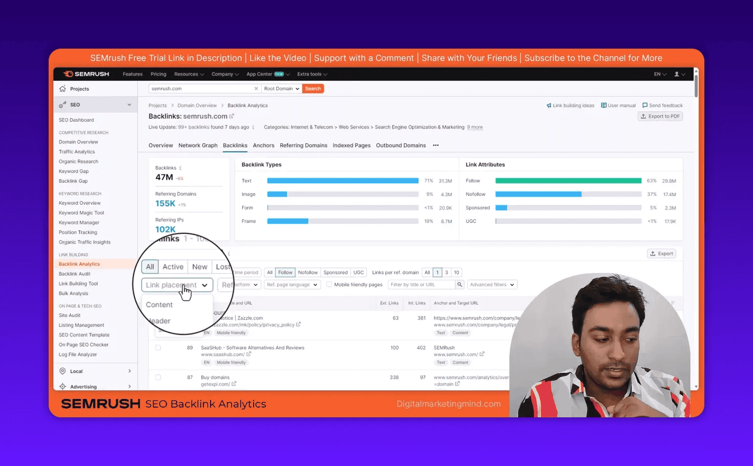 Semrush Backlink Analytics interface with a magnified 'Link placement' dropdown being selected to filter results