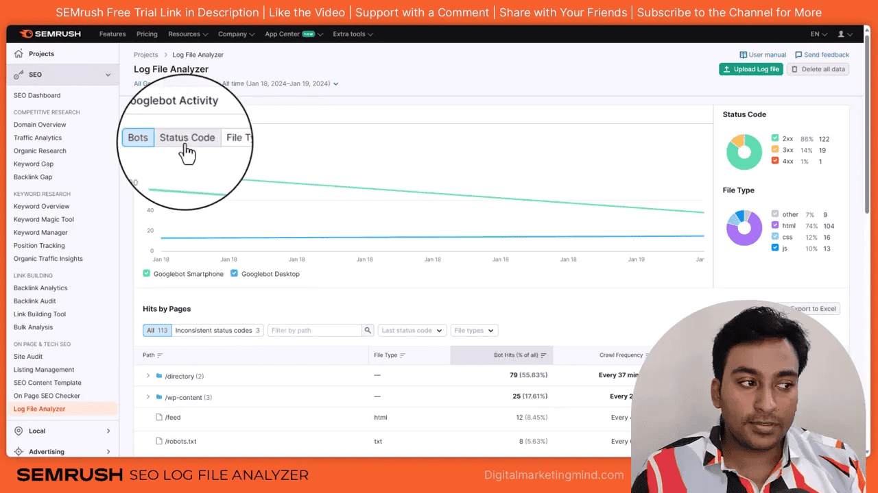 Semrush Log File Analyzer dashboard showing Googlebot activity chart and crawl data
