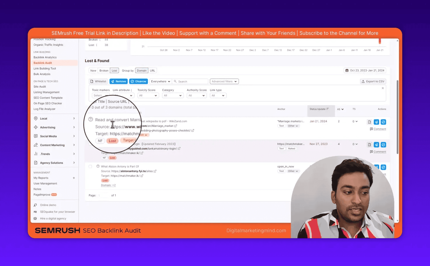 SEMrush Backlink Audit Lost & Found report showing lost backlinks, source and target URLs, and Lost status badges