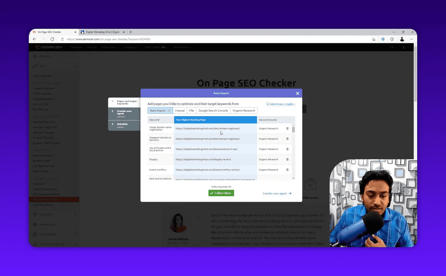 Clear Semrush On Page SEO Checker Auto Import dialog listing keywords and highest-ranking pages with presenter overlay