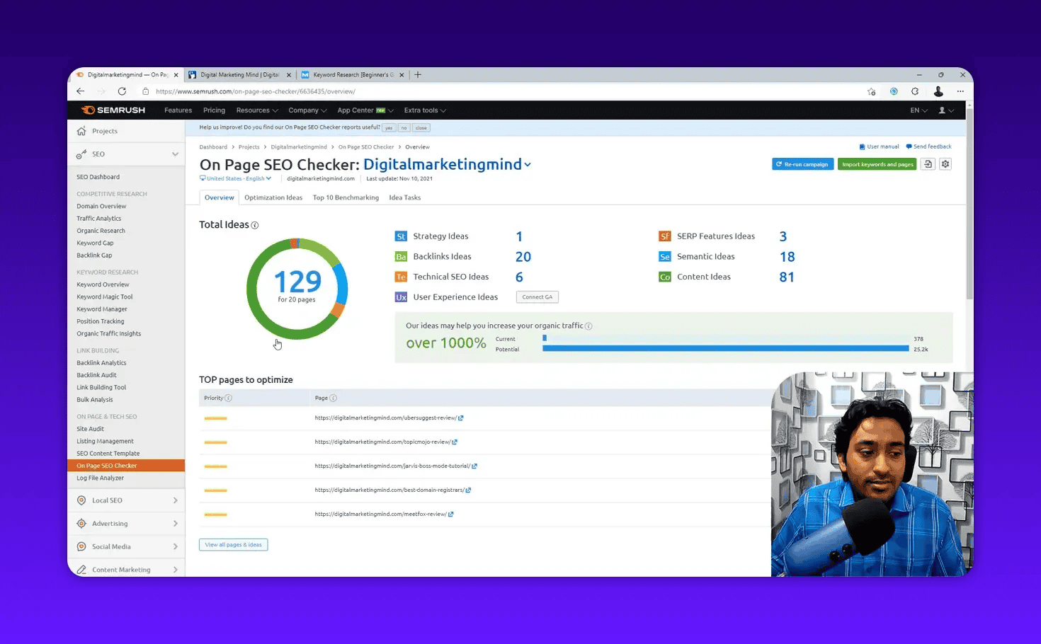 Semrush On Page SEO Checker overview showing optimization ideas and pages to optimize