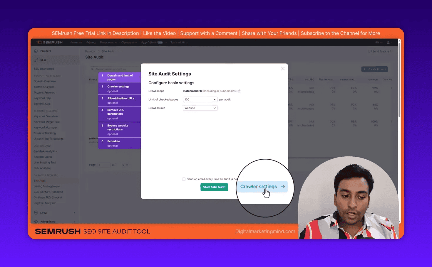 Semrush Site Audit dialog with the 'Crawler settings' link highlighted and magnified