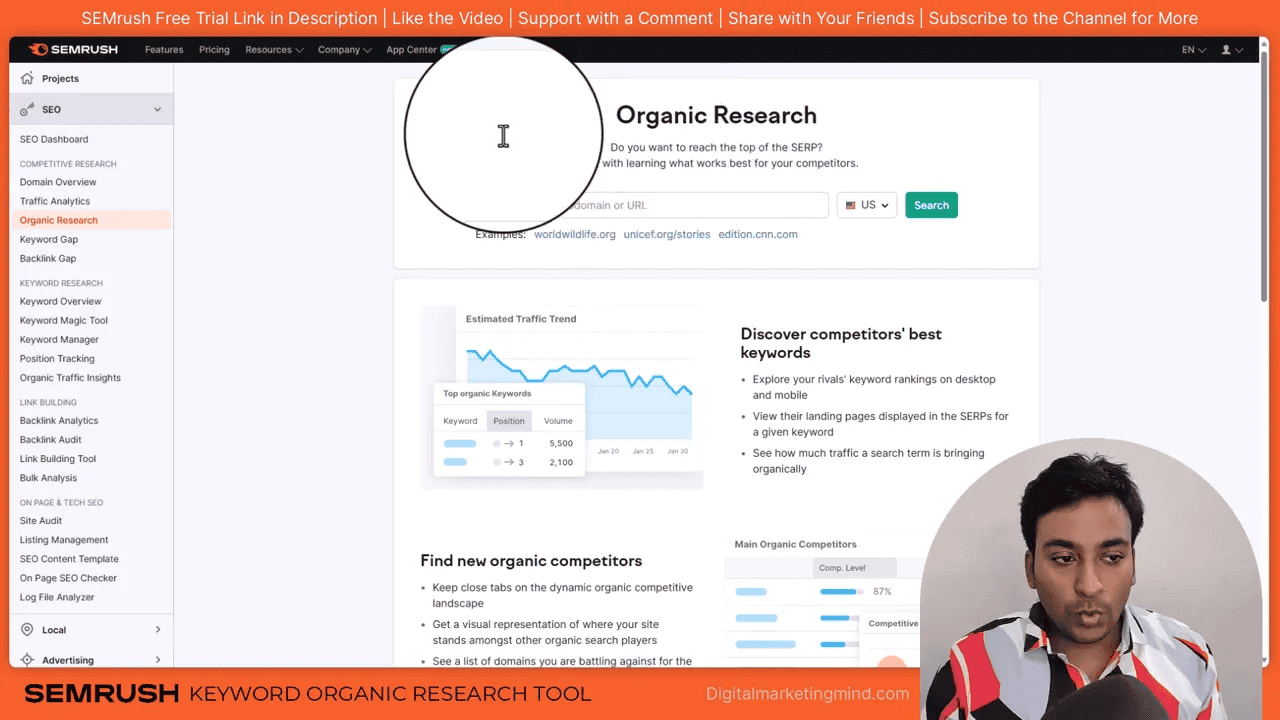 SEMrush Organic Research landing page showing left navigation and search box