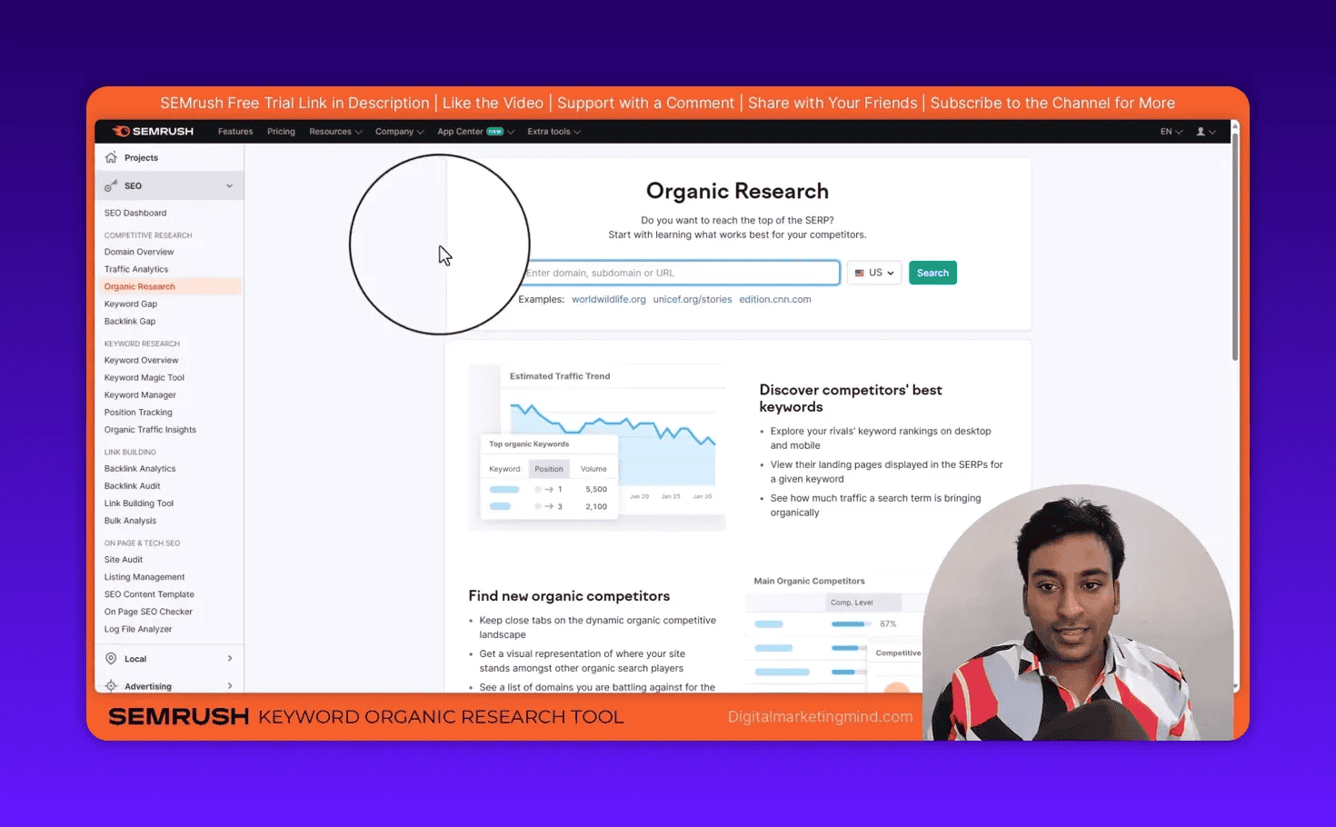 Semrush Organic Research screen with search field, estimated traffic trend, and highlighted left navigation