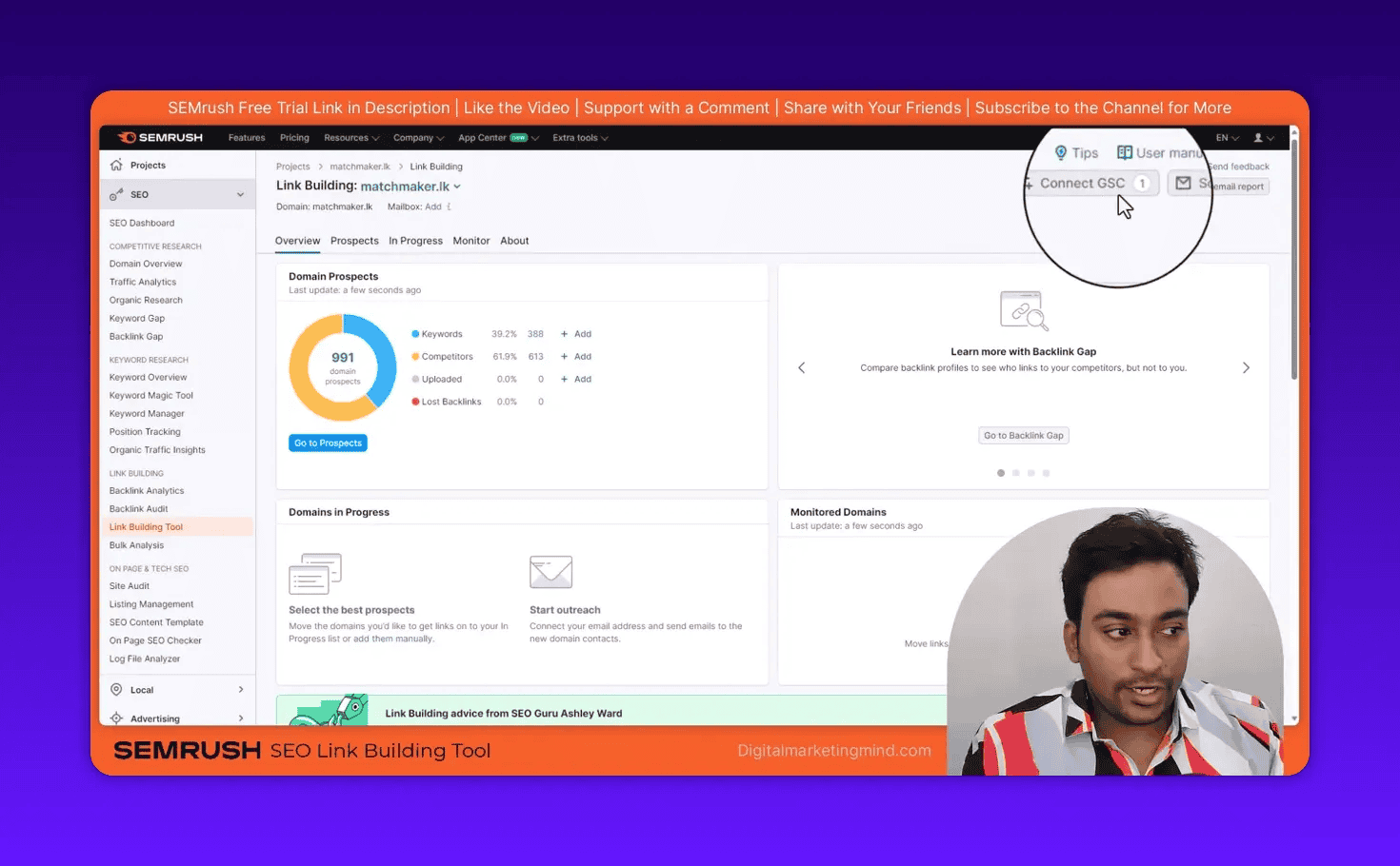 SEMrush Link Building overview with pie chart showing 991 domain prospects and a breakdown (388 from keywords, 613 from competitors).