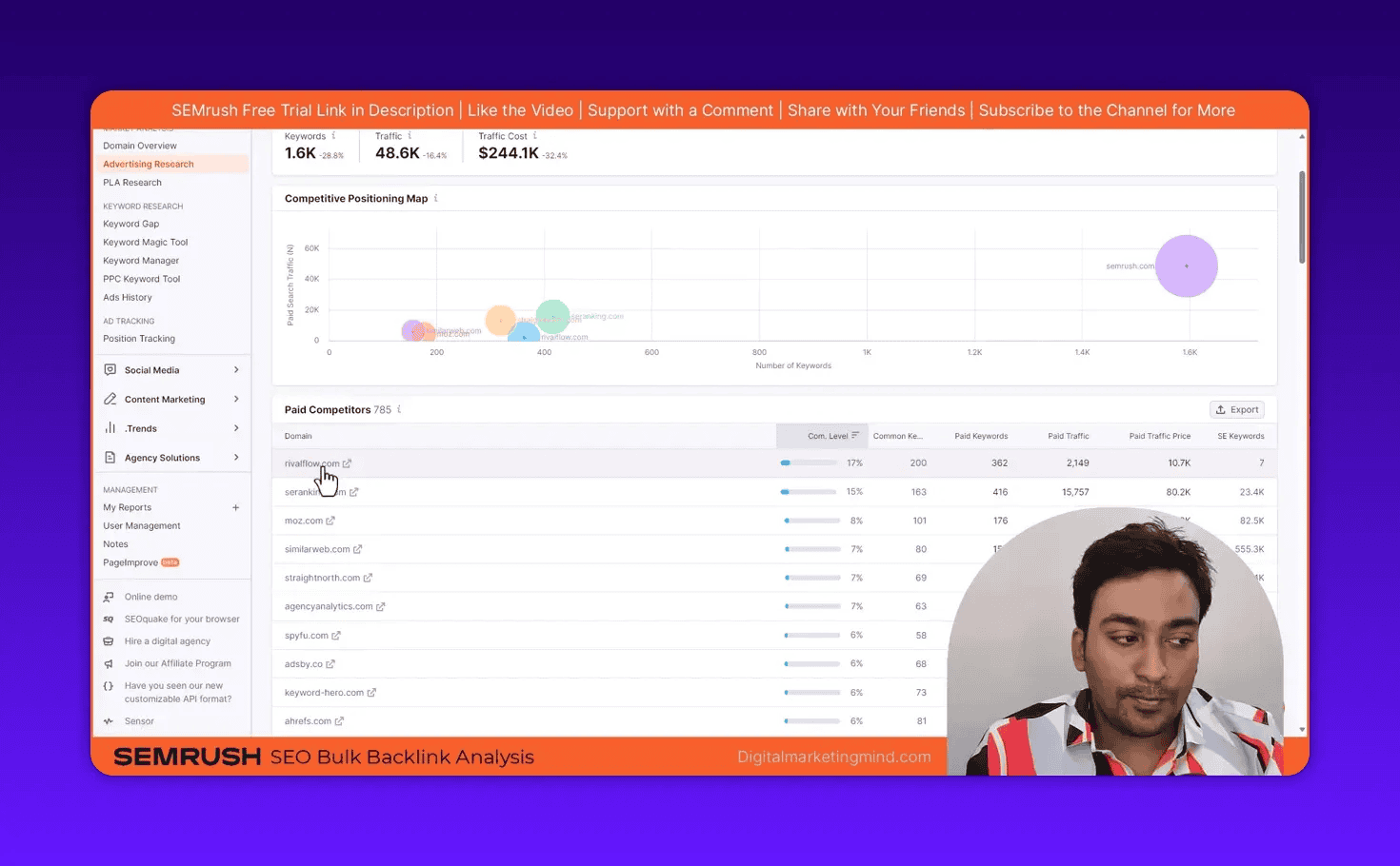 SEMrush Paid Competitors table with cursor on rivalflow.com showing competitor overlap, common keywords and paid traffic metrics.