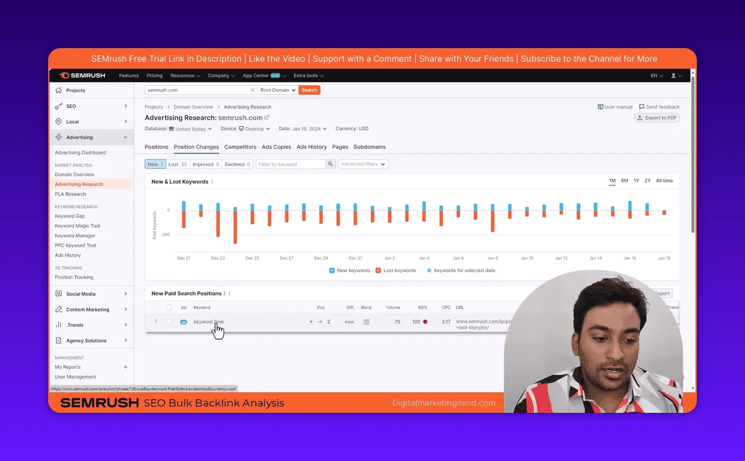 SEMrush Advertising Research Position Changes view showing New & Lost Keywords chart and a highlighted paid search keyword row.