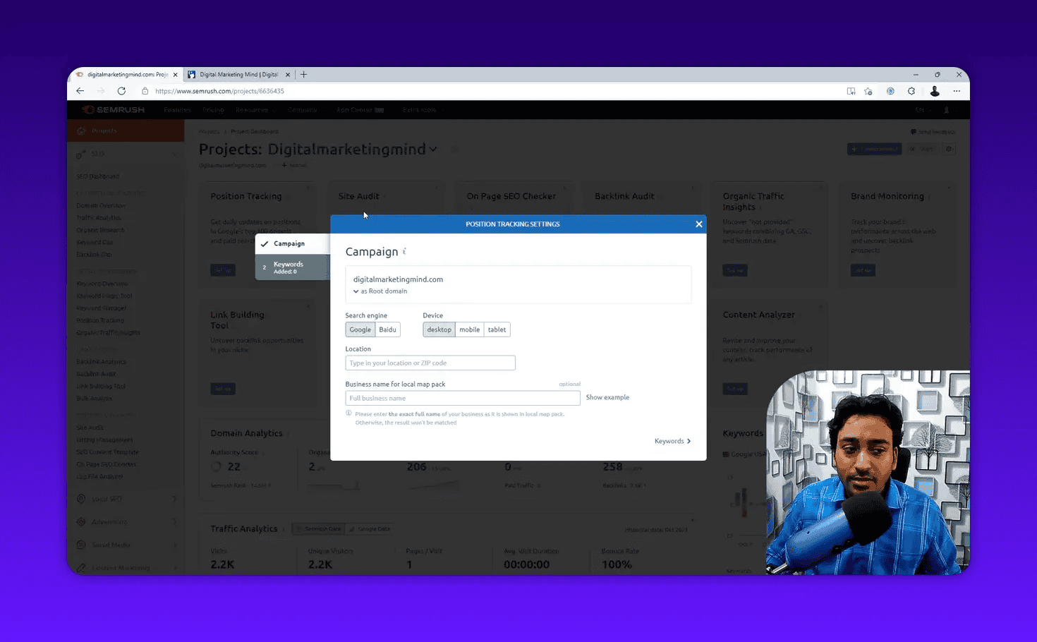Semrush Position Tracking settings dialog showing search engine (Google/Baidu), device options and location input