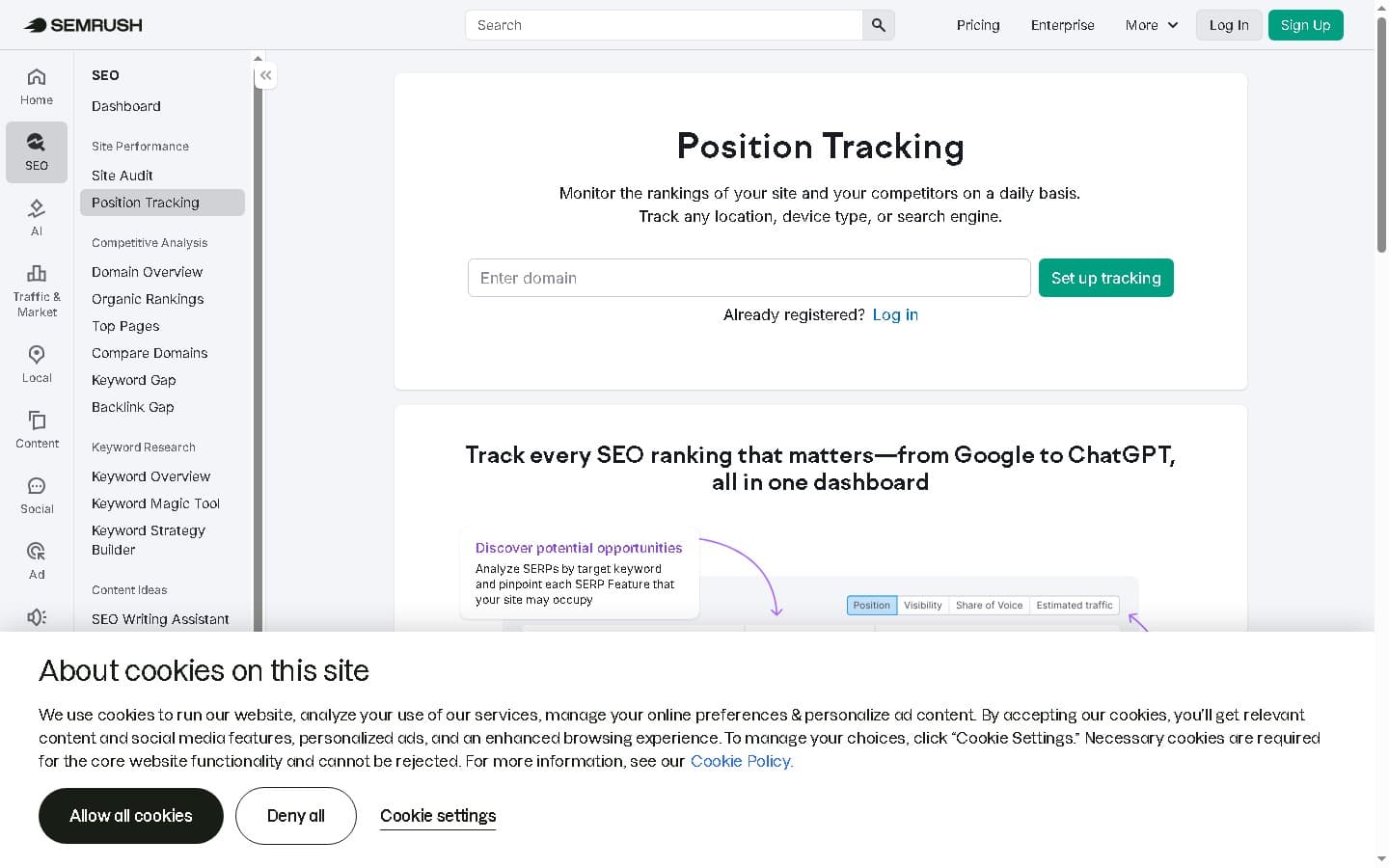 Semrush Position Tracking dashboard showing keyword rankings, visibility score, and competitor comparison data