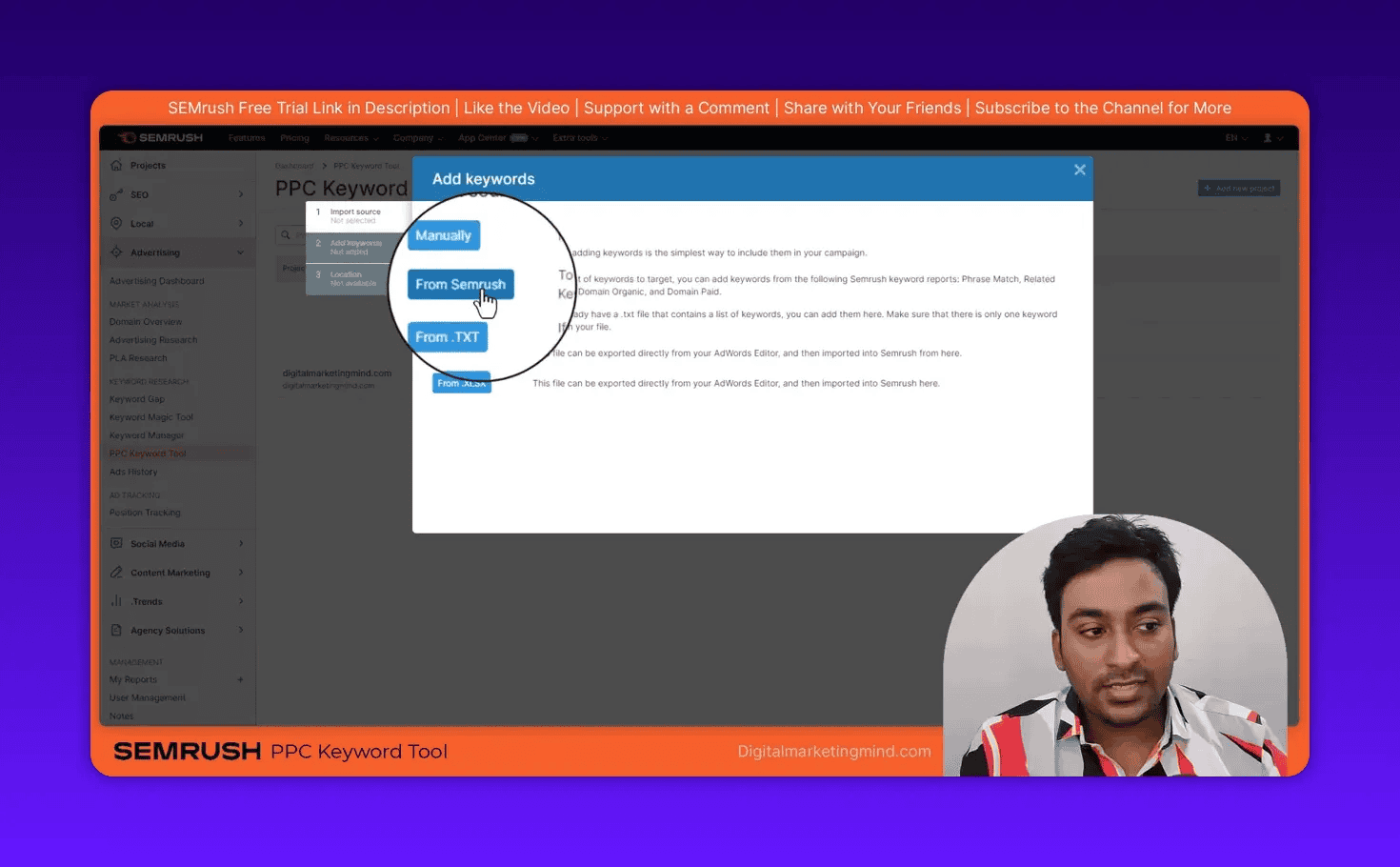 SEMrush PPC Keyword Tool 'Add keywords' modal with magnified import buttons and the 'From Semrush' option highlighted by a cursor.