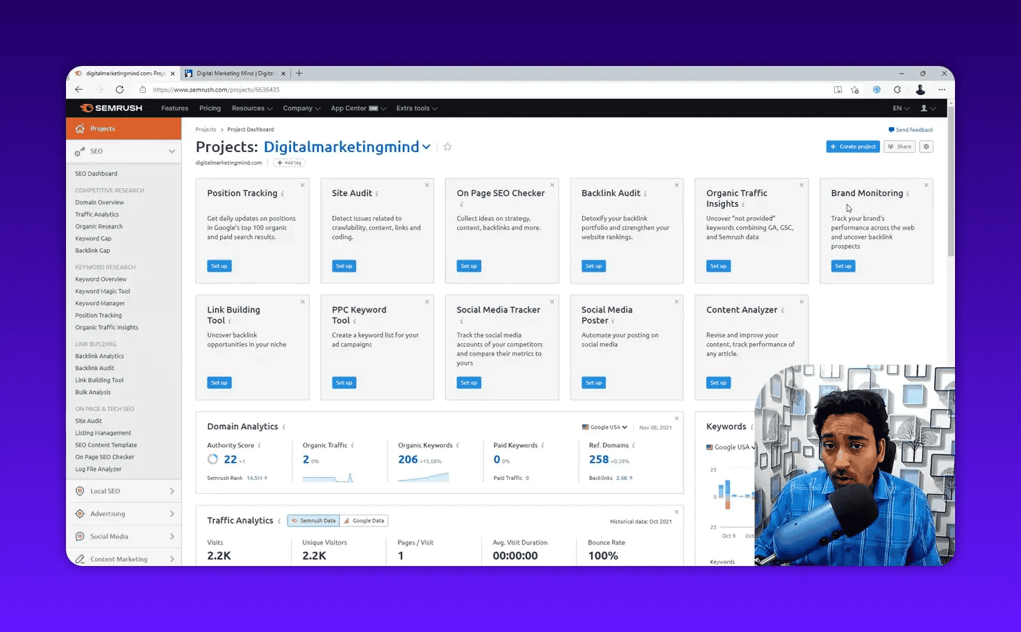 Semrush Projects dashboard with setup tiles for Position Tracking, Site Audit, On Page SEO Checker and domain analytics