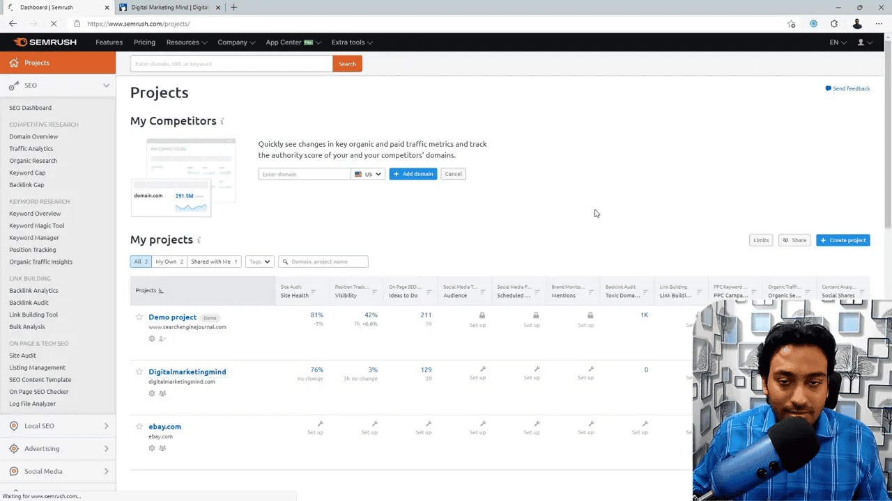 Semrush Projects dashboard showing the project list, project tiles and a presenter video overlay in the bottom-right corner