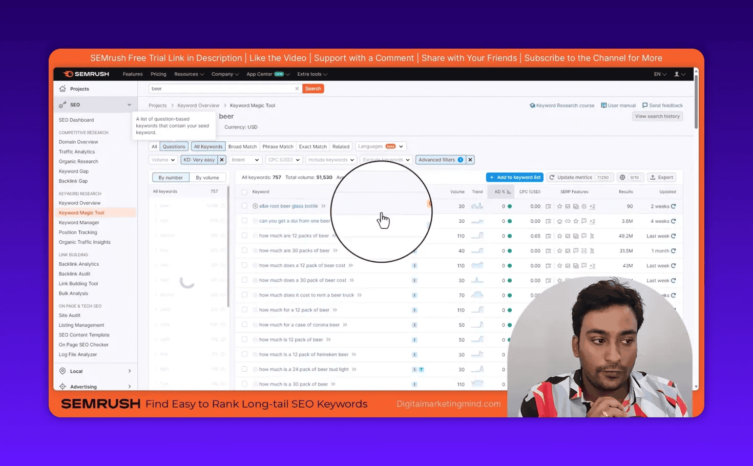 SEMrush Keyword Magic Tool showing a list of question-style long-tail beer keywords and their metrics